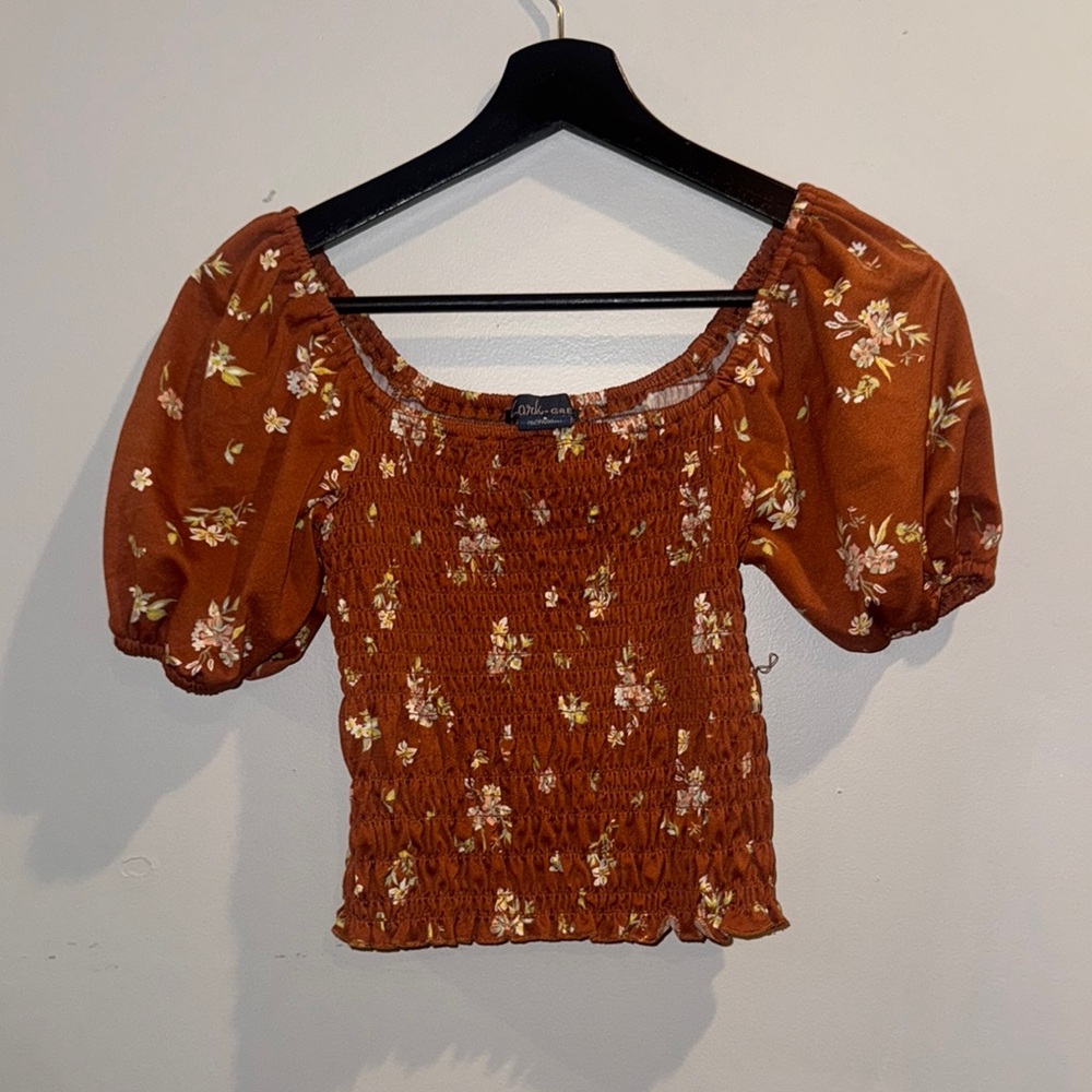 Brown Ruffled Smocked Puff Sleeve Blouse, size small (Lark + Grey)